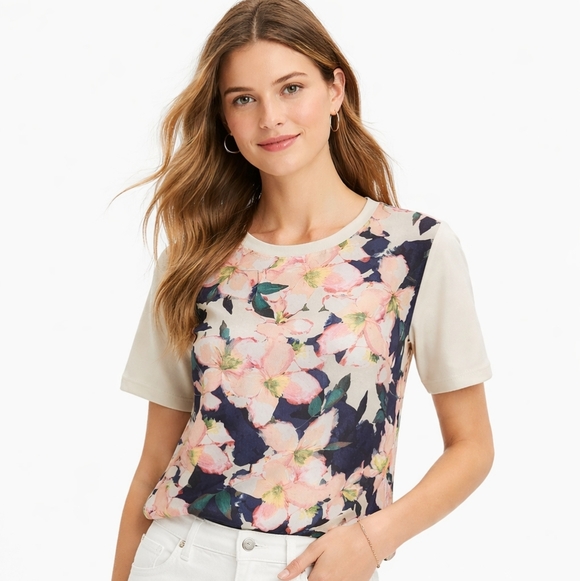 J. Crew Tops - J.Crew Cove Floral Merino Wool Silk Short Sleeve Sweater Top Large Lightweight
